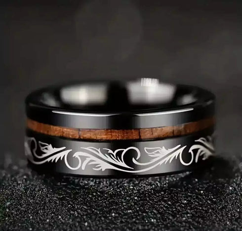 Men 8mm Tungsten Ring Koa Wood Inlay with Laser Pattern Comfort-Fit Wedding Band